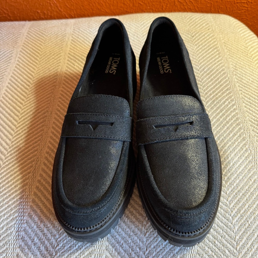Toms Cara Loafers Black Metallic Leather Size 11 EUC - Picture 3 of 8